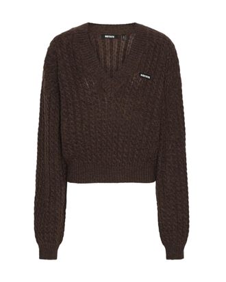 Rotate Cropped Cable-Knit Sweater with Deep V-Neck and Ribbed Edges