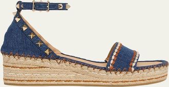 Valentino Garavani Rockstud Denim Wedge Espadrille Sandals