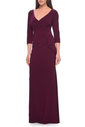 La Femme Three Quarter Sleeve Jersey Evening Dress with Ruffle Detail in Dark Berry at Nordstrom, Size 18