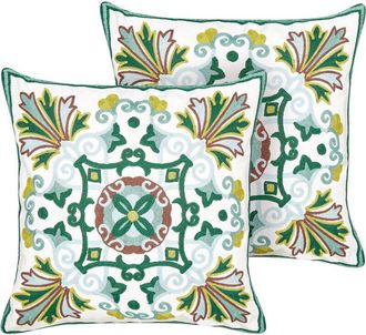 Beliani Beliani - Conjunto De 2 Cojines Decorativos De Algod&oacute;n Bordados Motivo Oriental Verde 45 X 45 Cm Elanite