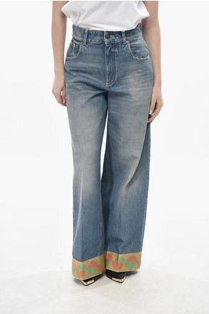 Valentino Delav&egrave; Denim Wide-Leg Jeans with 30cm Embroidered Cuff size 26