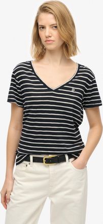 Superdry T-Shirt SUPERDRY STUDIOS SLUB EMB VEE TEE, Damen, Gr. XXL, navy, optic stripe, Single Jersey, Obermaterial: 60% Baumwolle, 40% Lyocell, gestreift, reg