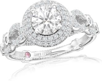 Suzy Levian White Sterling Silver White Cubic Zirconia Pave Halo Engagement Ring