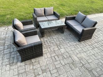Fimous 6 Seater Dark Grey Mixed High Back Rattan Sofa Set Coffee Table Garden Furniture Outdoor Patio With Love Sofa