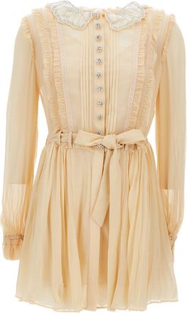 Self Portrait Pleated Georgette Mini Dress with Embellished Collar and Jewelled Detailing