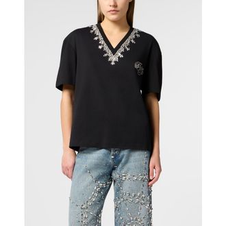 Philipp Plein Man Fit V-Neck T-Shirt Crystals Women in Black at Nordstrom, Size Small