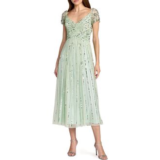 Mac Duggal Beaded Sequin V Neck Cap Sleeve Midi Dress in Sage at Nordstrom, Size 16