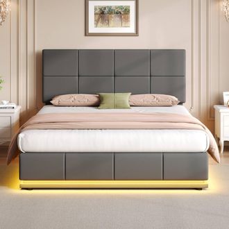 Merax PU Leather Ottoman Double Bed with LED & Square Tufted Headboard in Grey