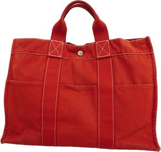 Herm&egrave;s Red Color Canvas Tote Bag (Pre-Owned)