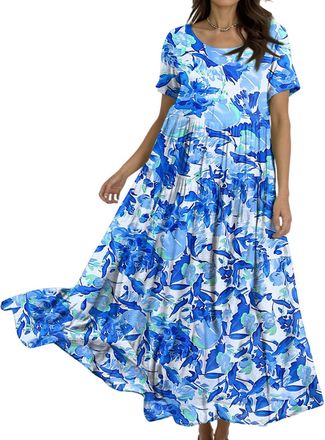 Generic Ladies Dresses Size 14 UK, Womens Summer Long Dresses Casual Short Sleeve Crew Neck Maxi Sundress Ladies Loose Tshirt Dress Boho Floral Beach Sundress
