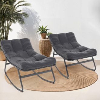 IDMarket Set di 2 sedie a dondolo da giardino ARONA in grigio antracite con cuscini grigi