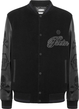 Philipp Plein Wollen & Leren Varsity Bomberjack met Patches en Stenen - Heren - Bomber jackets - Zwart - 4XL - Wol - Jassen