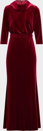 Badgley Mischka Belted Funnel-Neck Velvet Gown
