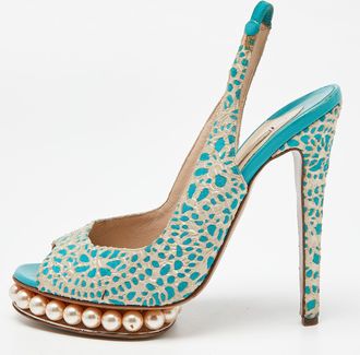 Nicholas Kirkwood Blue/white Textured Suede Pearl Embellished Slingback Sandals