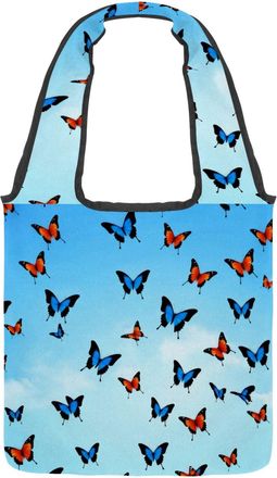Generic Blue Butterfly Reversible Canvas Shoulder Tote - Double-Sided Print, 12oz Cotton, 27cm Drop, Fold-Flat Bag for Travel, Shopping, Street Outings