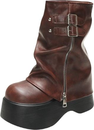 Generic Soft Leather Ankle Mid Calf Boots Winter Autumn High Platform Wedge British Booties Woman Ladies Chunky Motorcycle Boots 9CM(Brown,US3.5)