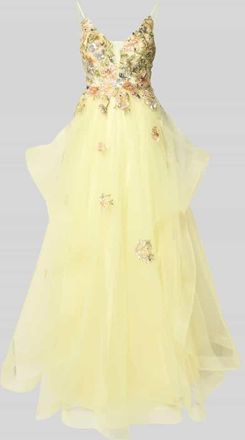 Unique Abendkleid aus T&uuml;ll mit Stitchings und Pailletten in GELB, Gr&ouml;&szlig;e 36