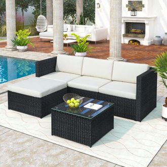 Merax Rattan Garden Furniture Set 4-Seater Outdoor Rattan Furniture Set Garden Lounge Set Outdoor Corner Sofa with Glass Top Coffee Table & Cushions - Black