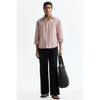 H&M Relaxed Fit Linen-blend Shirt in Rust Red/striped at Nordstrom, Size Xx-Large