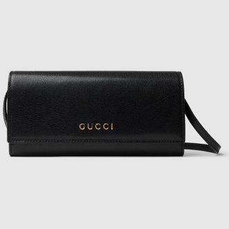 Gucci Wallet With Strap And Gucci Lettering, Black, Leather