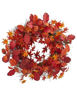 Nearly Natural 22In Japanese Maple, Magnolia Leaf & Berries Artificial Wreath