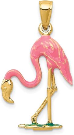 Diamond2Deal 10k Yellow Gold Enameled 3-D Pink Flamingo Pendant