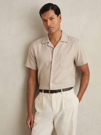 Reiss Stone Herringbone Twill Cuban Collar Short Sleeve Shirt, XS