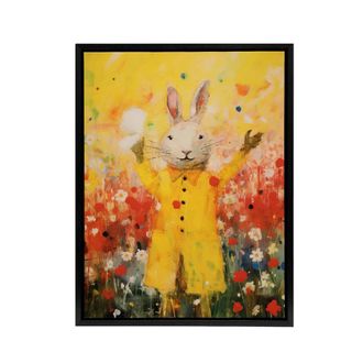 Artery8 Rabbit Wearing Raincoat in Meadow Framed Canvas Wall Art Print in Yellow | Size: W24 x H32