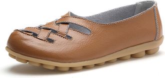 Generic Womens Orthopedic Comfort Loafers Stylish Orthopedic Leather Shoes Hollow Soft Flats Sandals Slip-On Shoes (Khaki,5.5)