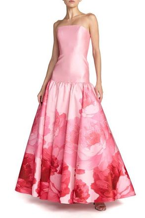 Mac Duggal Printed Mikado Strapless Drop Waist Ballgown in Blush Multi at Nordstrom, Size 14