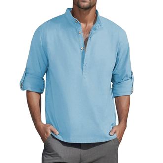 Generic Henley Shirts for Men Cotton Linen T-Shirts Fall Roll Up Long Sleeve Shirt Casual Button Down Blouses Pullover Tops Camisa Cuello V para Hombre(Blue, 