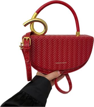 Generic Womens Woven Handbag with Gold Ring Handle, Red and Black Available (Red)