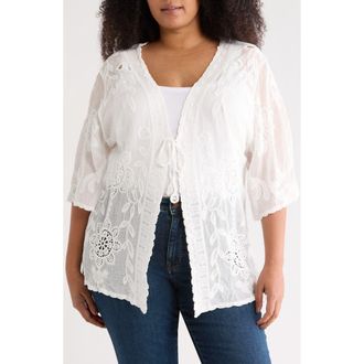 Forgotten Grace Floral Embroidered Tie Front Cardigan in White at Nordstrom Rack, Size 1 X