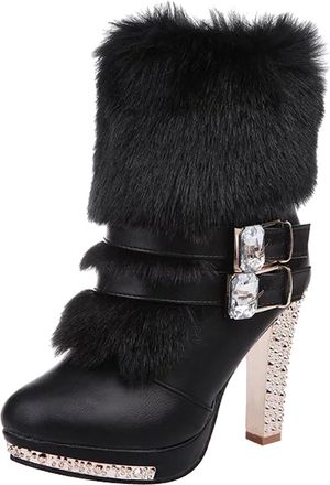 Generic European and Style Rhinestone High Heel Ankle Boots with Side Zipper and Chunky Round Toe for Women (Black, 5.5)