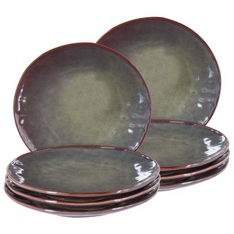 Beliani Conjunto De 8 Platos Llanos Grandes De Postre De Gres Caol&iacute;n Artesanal Acabado Esmalte Reactivo Verde Oscuro Thyme