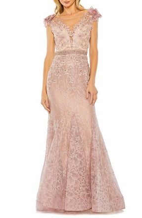 Mac Duggal Embroidered Illusion Appliqued Bodice Trumpet Gown in Mocha at Nordstrom, Size 14