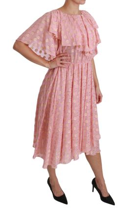 Dolce & Gabbana Womens Silk Pink Polka Dots Pleated A-Line Midi Dress Metalized Fiber