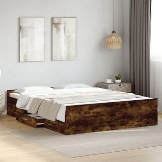 vidaXL Cama Con Cajones Madera De Ingenier&iacute;a Roble Ahumado 150x200 Cm Vidaxl
