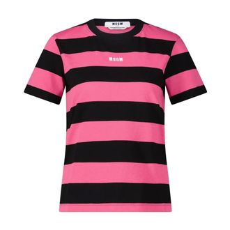 Msgm Msgm, Tops, Dames, Roze, L, Katoen, Gestreept Logo T-Shirt