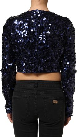 Dolce & Gabbana Womens Blue Sequined Long Sleeves Crop Blouse Top Nylon