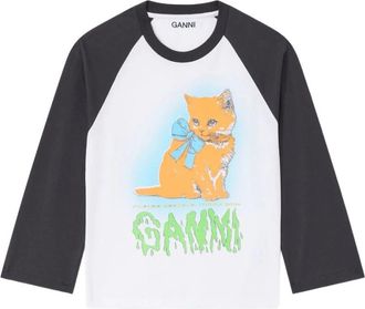 Ganni Witte Kat Grafische Baseball Tee - Dames - Longsleeves - Wit - S - Katoen - Tops