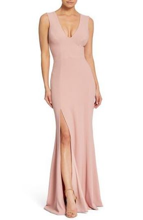 Dress The Population Sandra Plunge Crepe Trumpet Gown in Blush at Nordstrom Rack, Size X-Small
