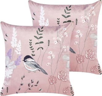 Beliani Conjunto De 2 Cojines De Terciopelo Rosa Pastel Blanco Gris 45 X 45 Cm Cyclamen