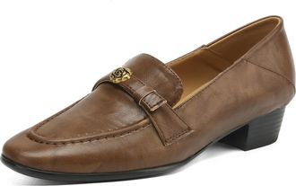 Generic Womens Slip-On Loafers Low Block Heel Rose Metal Accent Smooth Upper Multi-Color Options Stitched Detail Padded Insole Comfortable Durable Shoes,Brown