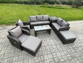 Fimous 9 Seater Outdoor Rattan Garden Furniture Set Rattan Lounge Sofa Set with Rectangular Coffee Table Side Table 2 Big Footstool Dark Grey Mixed