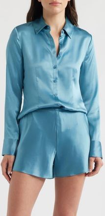 Reformation Raya Silk Button-Up Shirt in Siren at Nordstrom, Size 10