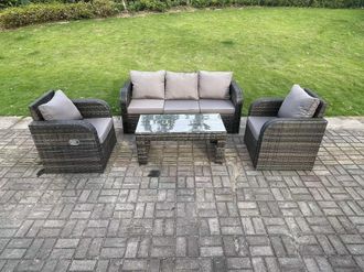 Fimous 5 Seat PE Rattan Garden Furniture Set Adjustable Chair Lounge Sofa Set Oblong Coffee Table Dark Grey Mixed
