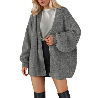 Generic Chunky Cable Knit Cardigans for Women UK Plus Size Balloon Sleeve Sweater Casual Open Front Jumpers Long Sleeve Oversize Cardigan Sweater S-5XL (Grey,