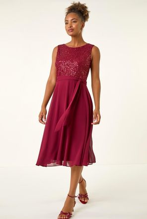 Roman Sequin Bodice Betlted Chiffon Dress
