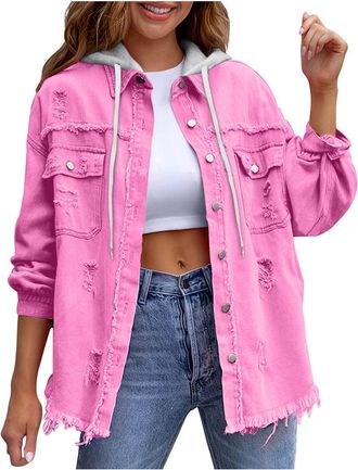 Generic Hooded Denim Jackets Women Long Sleeve Button Down Jean Jackets Casual Loose Shirts Ripped Distressed Western Boyfriend Coats Oversized Frayed Hem Fal
